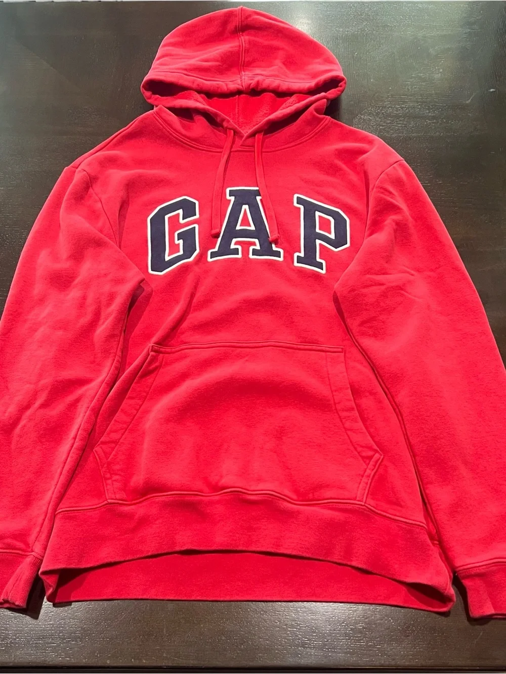 GAP Red Fleece Pullover Hoodie Logo Kangaroo Pocket Drawstring Men M